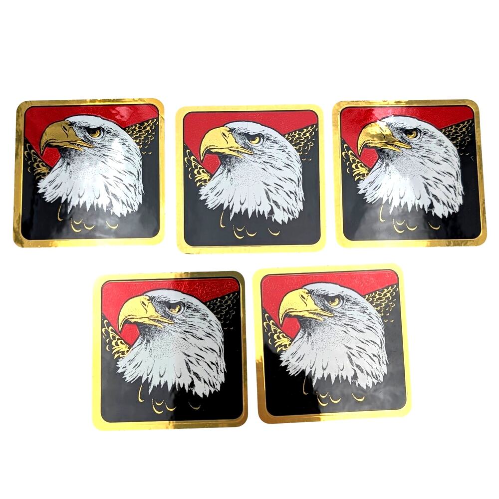 VTG Lot 5 American Bald Eagle Stickers 3x3" Gold Border Red USA Patriotic Decal